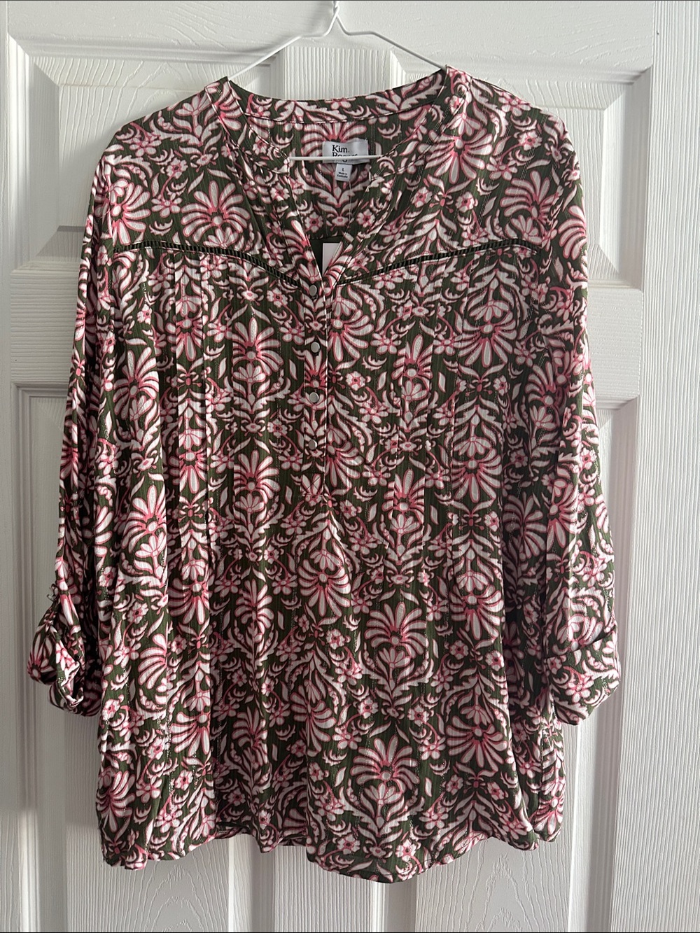Kim Rogers Pink & Olive Floral Print Women's Blouse, women’s size L